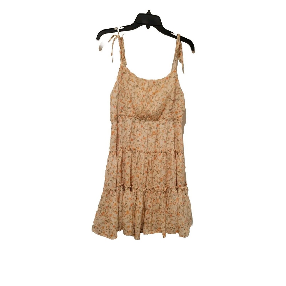 E & M Womens Floral Print Mini Sun Dress W/Spaghetti Strap, Ruffle Tier. Large